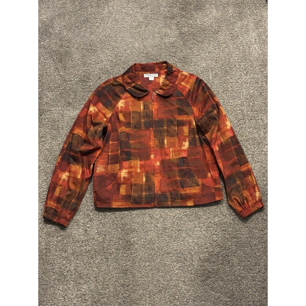 Pendleton Womens Jacket Petite Small Red Abstract Peter Pan Collar Full Zip Art
